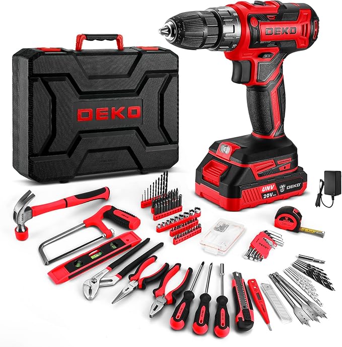 Cordless Drill Tool Kit Set：DEKOPRO 20V Power Drill Tool Box with Battery Electric Drill Driver for Men Home Hand Repair Basic Toolbox Tools Sets Drills Case (Red)