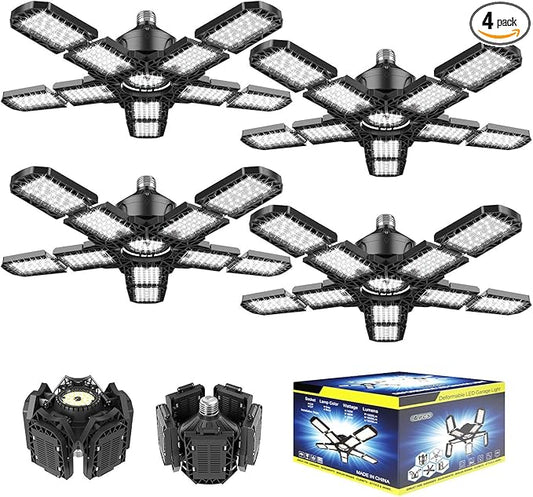Nexillumi 4-Pack Led Garage Light 180W, 36000LM LED Shop Lights with E26/E27 Medium Base, 6000K Deformable Garage Lights Ceiling LED with 10+1 Adjustable Panels for Garage, Workshop, Attic, Basemen