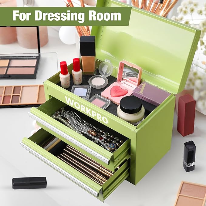 WORKPRO Mini Metal Tool Box with 2 Drawers and Top Storage, Small Tool Chest with PVC Liners and PP Feet Pads, Cold Rolled Steel Toolbox with Magnetic Tab