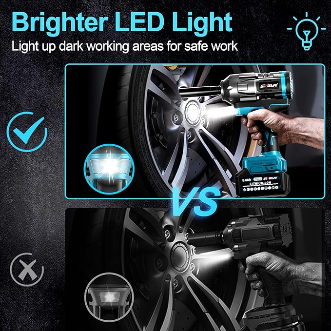 1000N.m (738Ft-lbs) Brushless Impact Wrench, 1/2" Cordless Impact Gun w/ 2x 5.0Ah Battery, Fast Charger & 6 Sockets, 3800RPM Electric Impact Driver for Truck Car/Home DIY/Industry