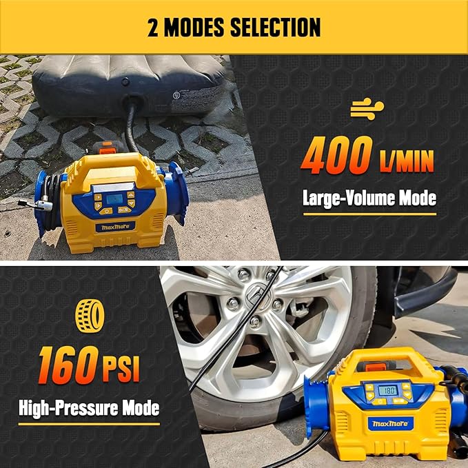 Cordless Tire Inflator Compatible with DeWalt 20V MAX Battery 160 PSI Portable High Pressure Air Compressor, 2.0Ah Battery & Fast-Charging Charger, Digital Gauge, Auto Shut Off, LED Light For Tires