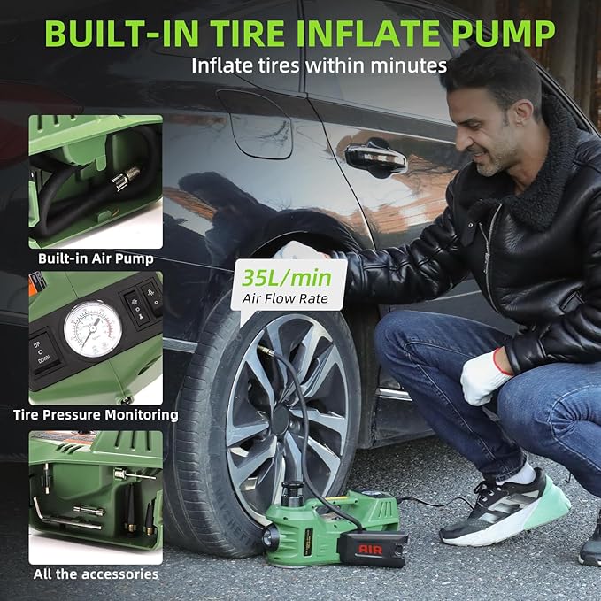 EFFIROSO Electric Car Jack Kit 5 Ton 12V Hydraulic Floor Jack with Impact Wrench Tire Inflator Pump for Vehicle Emergency Repair Kit (Lifting 6.1 to 17.7 inches Green)