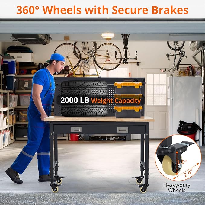 48" Workbench Heavy Duty, Adjustable Height Workstation with Drawer Storage, Backplate, 2000 LB Load Capacity, Multipurpose Rubber Wood Shop Table with Power Outlets, Hooks, Garage Storage