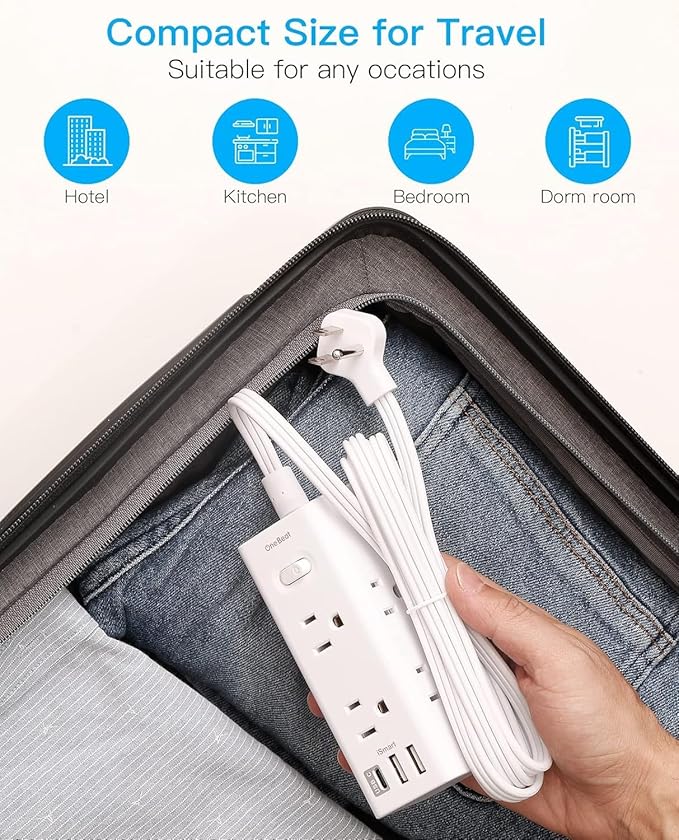 5Ft Extension Cord with Multiple Outlets, Flat Plug Power Strip Surge Protector with 5 Ft Long Cord, 6 Outlet 3 USB Ports (1 USB C), Multi Outlet Wall Plug for Travel, College, Dorm Room Essentials