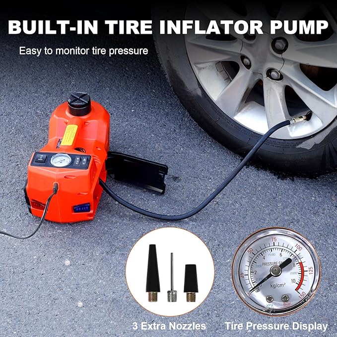 Electric Car Jack Kit, 5 Ton Hydraulic Car Jack with Electric Impact Wrench and Inflator Pump, 12V Portable Car Jack with LED Light for SUV MPV Sedan, Lifting Range 6 to 17.7 Inch (Red)