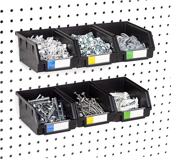 Pegboard Bins - 6 Pack Black Large - Hooks to Any Peg Board - Organize Hardware, Accessories, Attachments, Workbench, Garage Storage, Craft Room, Tool Shed, Hobby Supplies, Small Parts