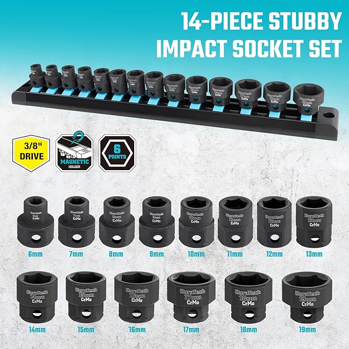 DURATECH 3/8" Drive Stubby Impact Socket Set, 14-Piece, Metric, 6-19mm, Cr-Mo Steel, Organized in Magnetic Storage Rail