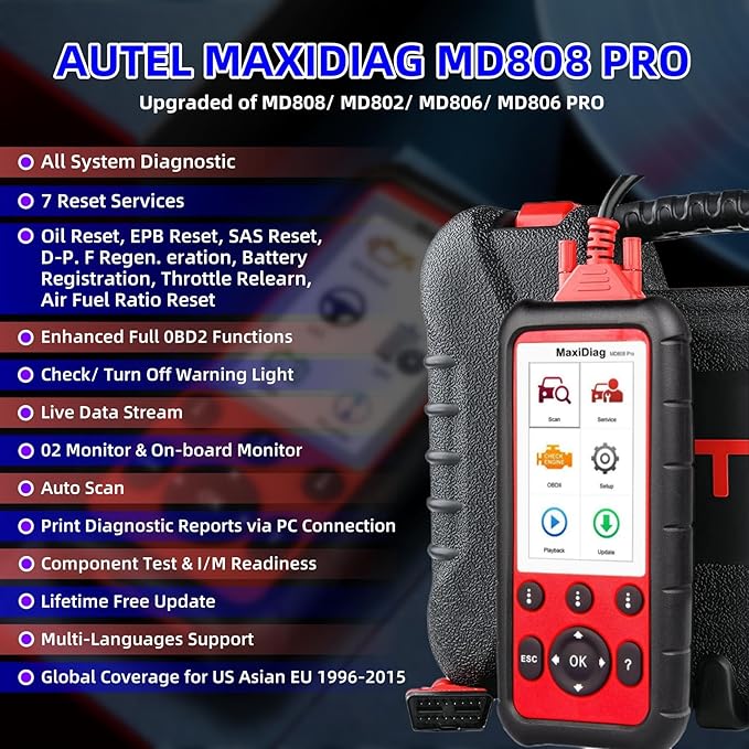 Autel OBD2 Scanner MaxiDiag MD808 Pro, All System Diagnostic Scan Tool, Upgraded of MaxiCheck Pro/ MD808/ MD806 Pro/ MD802, 7 Reset Service Oil/EPB/SAS/BMS/Throttle, Auto Scan, Lifetime Free Update