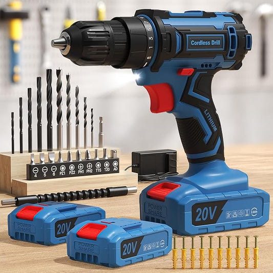 Cordless Drill, 20V Power Drill, Double 2000mAh Batteries Electric Drill, Cordless Drill with Battery and Charger, 3/8" Keyless Chuck Battery Drill with 25+1 Max 370 In-lb Torque, 42Pcs Drill Bits