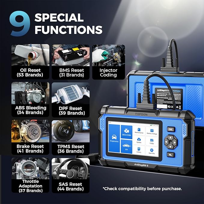 OBD2 Scanner TOPDON AD600S Scan Tool, Code Reader, Diagnostics Scanner for ABS/SRS/AT/Engine, 9 Reset Services, Oil/Brake/BMS/SAS/DPF/TPMS/ETS Reset/ABS Bleeding/Injector Coding, Free Lifetime Upgrade