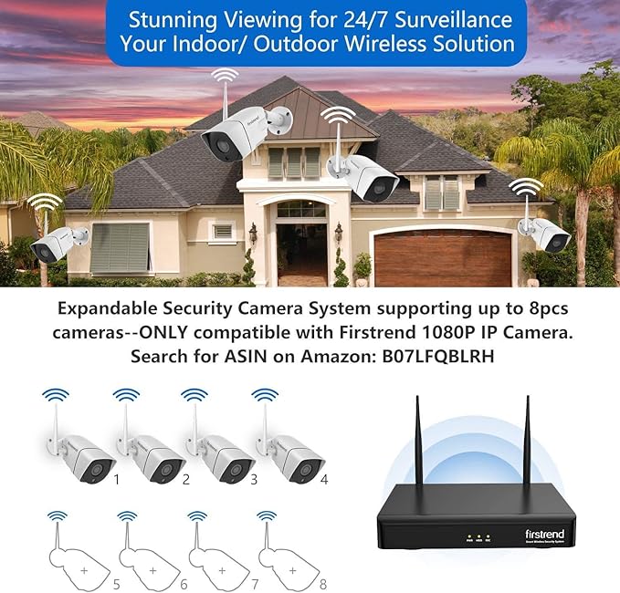 Security Camera System Wireless,Firstrend 1080P 8CH Wireless Home Security Systems with 4 pcs 2MP Full HD Cameras 1TB HDD Night Vision Motion Detection App for Indoor Outdoor Video Surveillance