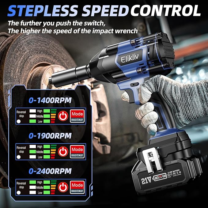 Elikliv Cordless Brushless Impact Wrench 1/2 inch, Max Torque 1000N.m, 740Ft-lbs 21V Electric Power Impact Gun, 2x 4000mAh Battery, Fast Charger, 4 Sockets set, Power Impact Driver for Car Tires Home