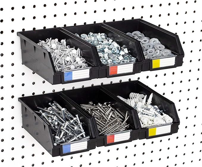 Pegboard Bins – 6 Pack Black Extra Large - Hooks to Any Peg Board - Organize Hardware, Accessories, Attachments, Workbench, Garage Storage, Craft Room, Tool Shed, Hobby Supplies, Parts