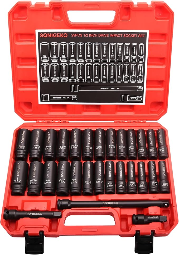 Socket Set 1/2" Drive Impact Socket Set,29-Piece 6 Point Deep Socket Set Standard SAE and Metric CR-V Steel Sockets with 3",5",10" extension bar (Metric and SAE, 1/2" Socket Set, 29pcs)