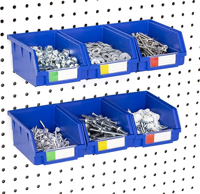 Pegboard Bins - 6 Pack Blue Large - Hooks to Any Peg Board - Organize Hardware, Accessories, Attachments, Workbench, Garage Storage, Craft Room, Tool Shed, Hobby Supplies, Small Parts