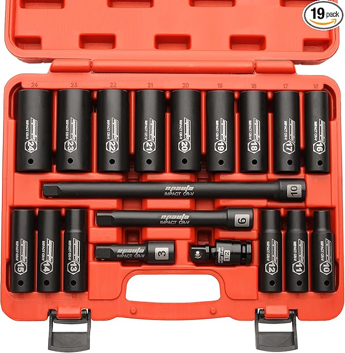 EPAuto 1/2-Inch Drive Metric (10-24 mm) Deep Impact Socket Set | Extension Bar | Universal Joint, Cr-V, 6 Points, 19 Pieces