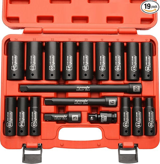 EPAuto 1/2-Inch Drive Metric (10-24 mm) Deep Impact Socket Set | Extension Bar | Universal Joint, Cr-V, 6 Points, 19 Pieces