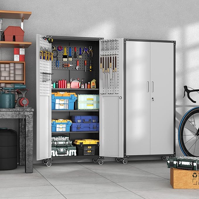 Garage Metal Storage Cabinet with Pegboard, 71'' Tall Storage Cabinet with Adjustable Shelves and Doors, Rolling Tool Cabinet on Wheels for Garage, Utility Room (Black & Grey)