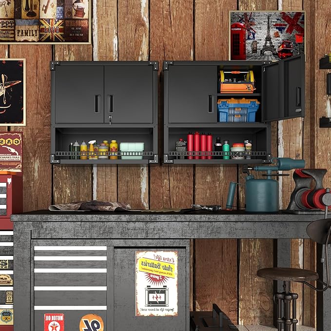 Garage Wall Cabinet with Doors and Shelves, Wall Mounted Metal Storage Cabinet with Open Storage, Lockable Hanging Tool Cabinet for Garage Utility Room, Black