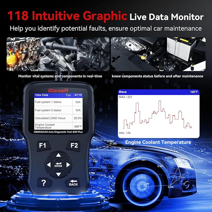 iCarsoft i800 Plus OBD2 Scanner Diagnostic Tool with Component Test/118 Live Data/Reset CEL/Battery Test/Freeze Frame/VIN, Code Reader for All Cars Full OBD2 Functions, Fuel System Scan Tool para Auto