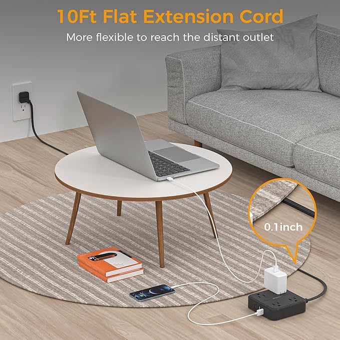Black Flat Extension Cord 10 FT, TESSAN Power Strip 10 Feet with 4 Widely Outlets 3 USB Wall Charger (1 USB C), Ultra Thin Long Extension Cord Mountable for Indoor, Office, Dorm Essentials
