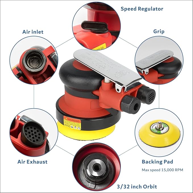 3 inch Mini Palm Air Sander, 3/32 Orbit, MAX12,000 RPM, Random Orbital Pneumatic Polisher with 12 sandpapers and 1 extra hook-loop backing pad (3inch)