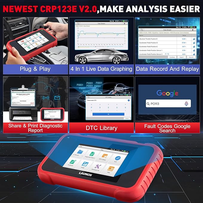LAUNCH CRP123E V2.0 OBD2 Diagnostic Scan Tool, Engine ABS SRS Transmission Car Scanner Code Reader, Oil/EPB/DPF/SAS/BAS/BMS Reset Throttle Relearn, Lifetime Fr-ee Update, (Upgraded CRP123)