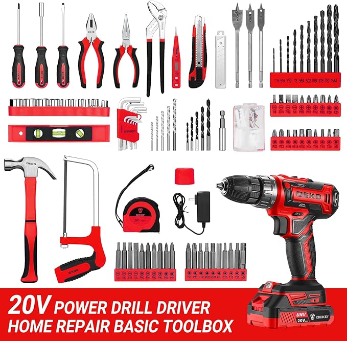 Cordless Drill Tool Kit Set：DEKOPRO 20V Power Drill Tool Box with Battery Electric Drill Driver for Men Home Hand Repair Basic Toolbox Tools Sets Drills Case (Red)