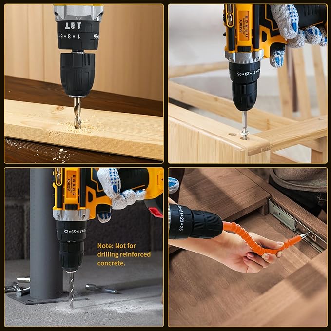Cordless Drill with Battery and Charger, Power Drill Cordless, Electric drill Set with 3/8 Keyless Chuck, 25+3 Torque Settings for Screwdriving, Drilling (2 Batteries)