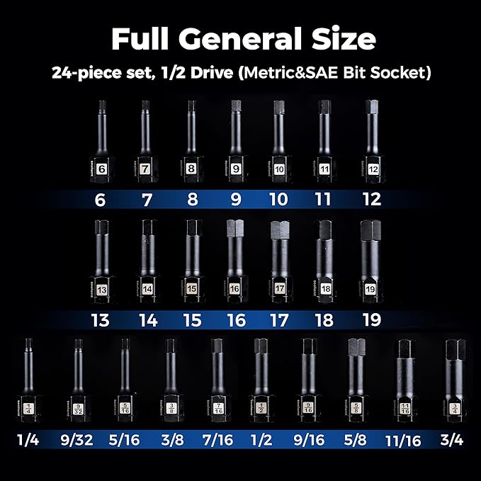 toolant 1/2" drive impact hex bit socket set 24PCS,Hex Drive, SAE/Metric, 1/4"-3/4",6mm-19mm, S2 Steel Air Drive Allen Socket set,Impact Grade