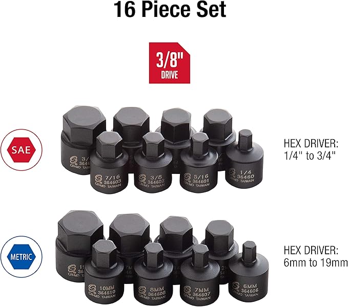 Sunex 1/2" & 3/8" Drive Impact Hex Driver Sets, 36 Pieces, SAE/Metric Sizes, Cr-Mo Steel, Dual Size Markings, Heavy Duty Storage Cases