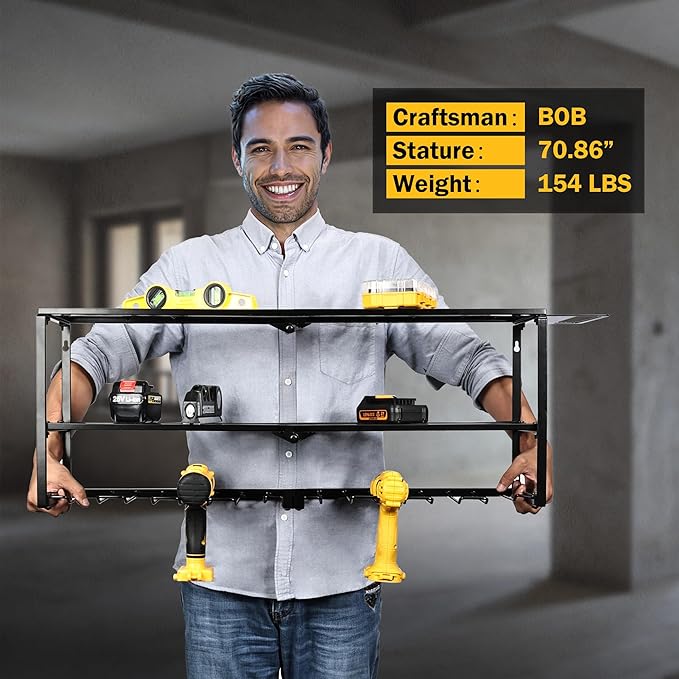 Power Tool Organizer with Charging Station, Garage Storage Shelf with 6 Outlets Power Strip, 8 Slots for Drill Holder Wall Mount, Heavy Duty Metal Tool Holder and Storage Rack, Father's Day