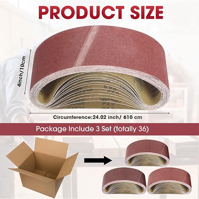 36 Pieces Sanding Belt Abrasive Sanding Belts Grinding Belt Sander Paper 4 x 24 Inch Aluminum Oxide Sandpaper Belts for Sander Machine Woodworking Metal Stone 12 Pcs Each of 80 120 150 Assorted Grit