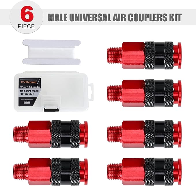 Air Hose Fittings, 6 Pieces AMT Universal Air Couplers with 1/4" NPT Male Threads, Red