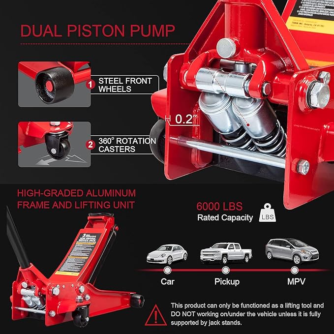 BIG RED ATZ830026XR Torin Hydraulic Ultra Low Profile Heavy Duty Steel Service/Floor Jack with Dual Piston Quick Lift Pump, 3 Ton (6,000 lb) Capacity, Red