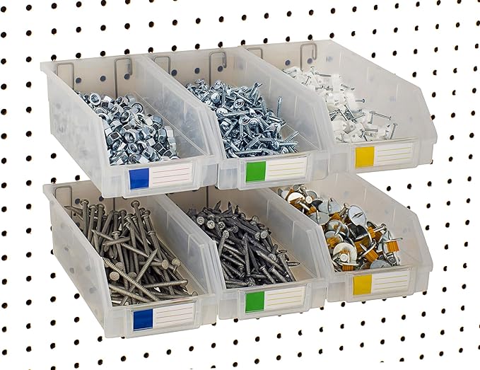 Pegboard Bins – 6 Pack Clear Extra Large - Hooks to Any Peg Board - Organize Hardware, Accessories, Attachments, Workbench, Garage Storage, Craft Room, Tool Shed, Hobby Supplies, Parts