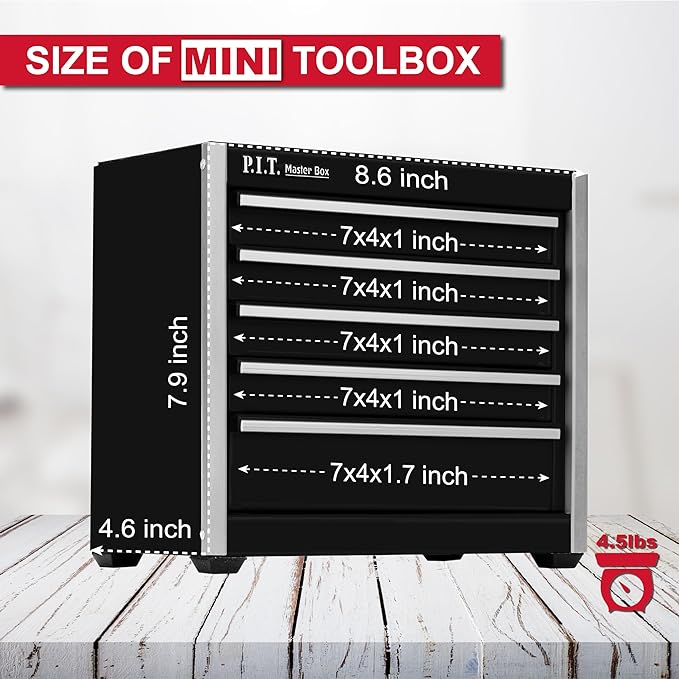 P.I.T. Mini Black Tool Box, Portable 5-Drawer Micro Roll Cab Steel Stackable Tool Box with Liner, Black Small Tool Case for Tools Storage and Organizers, Home DIY