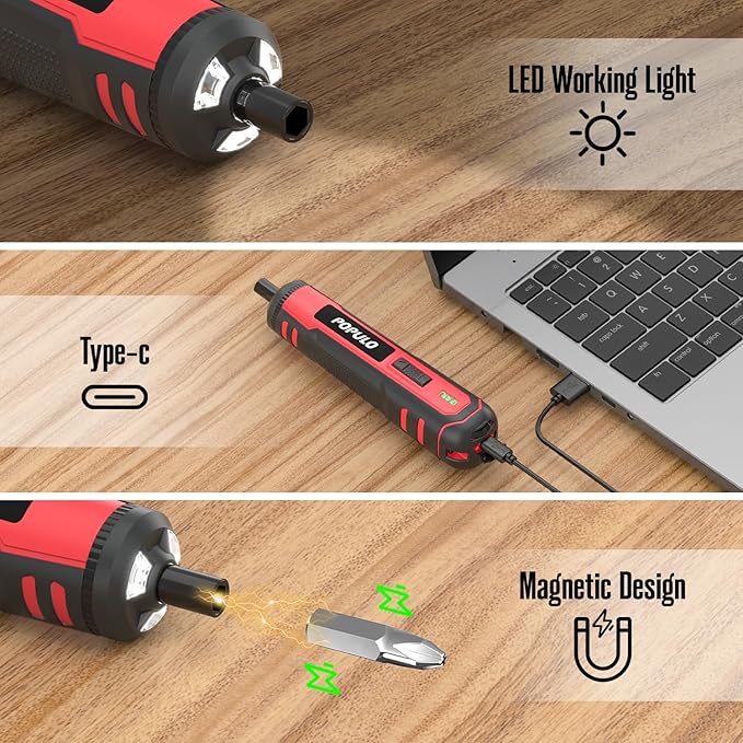 POPULO 4V Electric Screwdriver Kit,6 Torque Settings, Power Screw Driver Cordless Rechargeable with LED Work Light, 32 pieces Screwdriver Bits, 8 Sockets, Flex Hex Shaft, Bit Holders and Storage Box