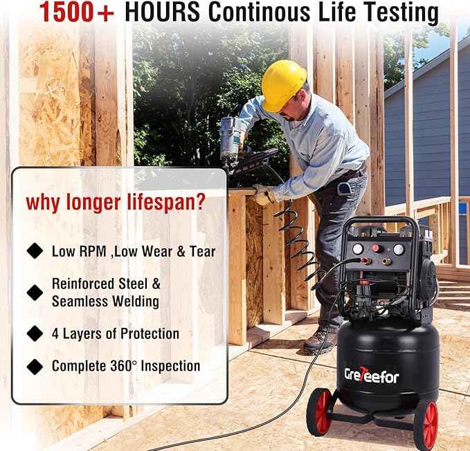 Air Compressor,10 Gallon Ultra Quiet Portable Compressor 70dB Max 150PSI Oil Free Air Compressor for Auto Repair/Tire Inflation/Spray Painting/Woodwork Nailing, Black