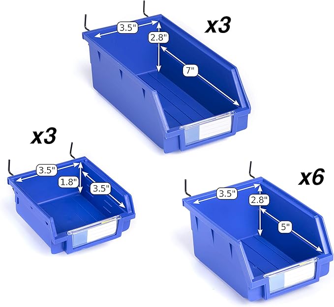 Pegboard Bins - 3 Sizes, Set of 12 - Hooks to Any Peg Board - Organize Hardware, Accessories, Attachments, Workbench, Garage Storage, Craft Room, Tool Shed, Hobby Supplies, Small Parts