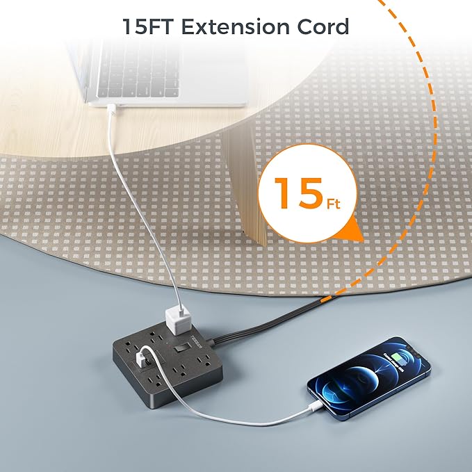 Flat Plug Extension Cord 15 Ft, TESSAN Surge Protector Power Strip with 6 Outlets and 3 USB (1 USB C) Ports, 1700J Protection, Desktop Black Long Power Cord for Indoor Home Office School Dorm Room