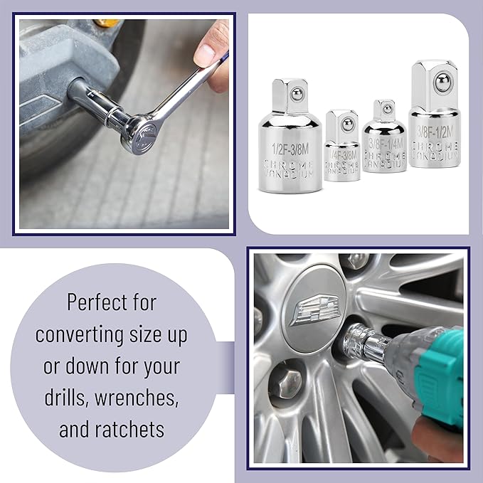 Bates- Impact Socket Adapter and Reducer Set, 4 pcs, Impact Socket Adapter Set, Impact Adapter Set, Socket Adapter Set, 1/2 to 3/8 Socket Adapter, 3/8 to 1/2 Socket Adapter, 3/8 to 1/4 Socket Adapter