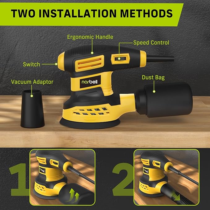 Orbital Sander 3.0AMP(360W),14000RPM Random Orbit Sander Tool with 6 Variable Speeds, 5" Electric Palm Sander Kit with Dust Bag,15pcs Sandpapers for Woodworking & Sanding，Yellow