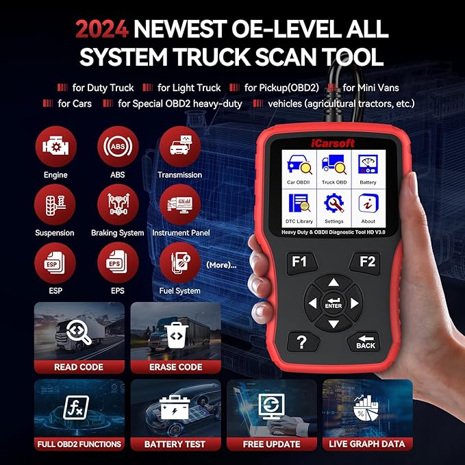 Heavy Duty Truck Scanner, iCarsoft HD V3.0 Multi-System OBD2 Diagnostic Scan Tool for Truck, Car, Mini Van, Light Duty Vehicle, Code Reader,Battery Test, Graphic Data Display-Red