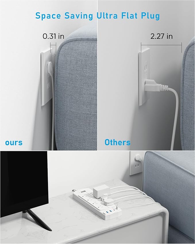 2 Prong Power Strip, Yozisital 2 Prong to 3 Prong Outlet Adapter, 5 FT Flat Plug Extension Cord with 8 Outlets 4 USB Ports(2 USB C), 2000J Two Prong Surge Protector, Wall Mountable, White