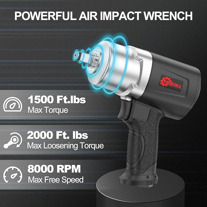 Air Impact Wrench - 1/2 Inch Air Impact Gun 1/2 Drive, 1500Ft-lbs, 8000RPM High Torque Impact Wrench, Weight 4.74 lb, Half Inch Impact wrench Tire Impact wrench for Auto Repair, Tire Shop