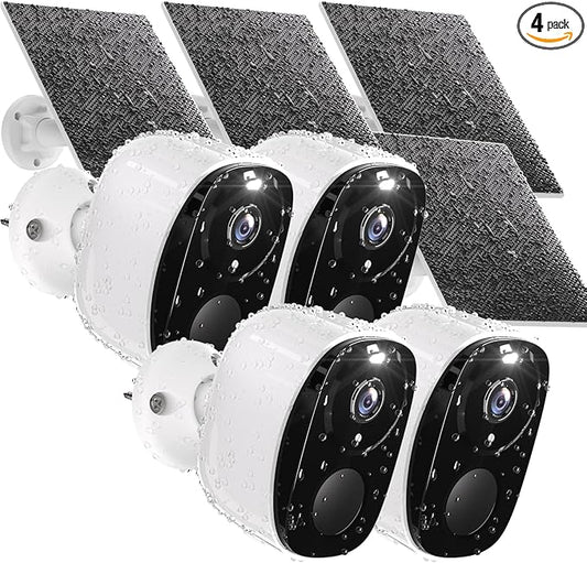 Rraycom 4pc Solar Security Cameras Wireless Outdoor, 2K Battery Powered Cameras for Home Security, WiFi Camera with Solar Panel, Color Night Vision, AI Motion Detection, 2 Way Audio, IP65, SD/Cloud