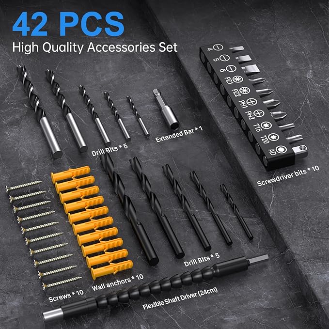 Cordless Drill Set,12V Power Drill Driver 3/8" Keyless Chuck with 42 Acessories, Built-in LED Light, 25+1 Position, Electric Drill for Home DIY Projects（Blue）