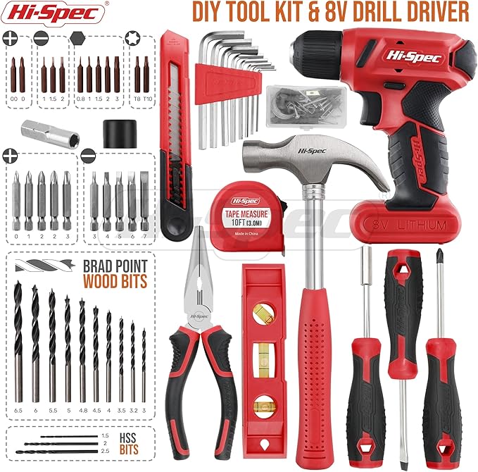 Hi-Spec 58pc Red 8V Electric Drill Driver & Household Tool Kit Set. A DIY Cordless Power Screwdriver