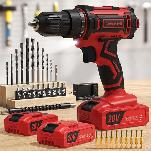 Cordless Drill, 20V Power Drill, Double 2000mAh Batteries Electric Drill, Cordless Drill with Battery and Charger, 3/8" Keyless Chuck Battery Drill with 25+1 Max 370 In-lb Torque, 42Pcs Drill Bits